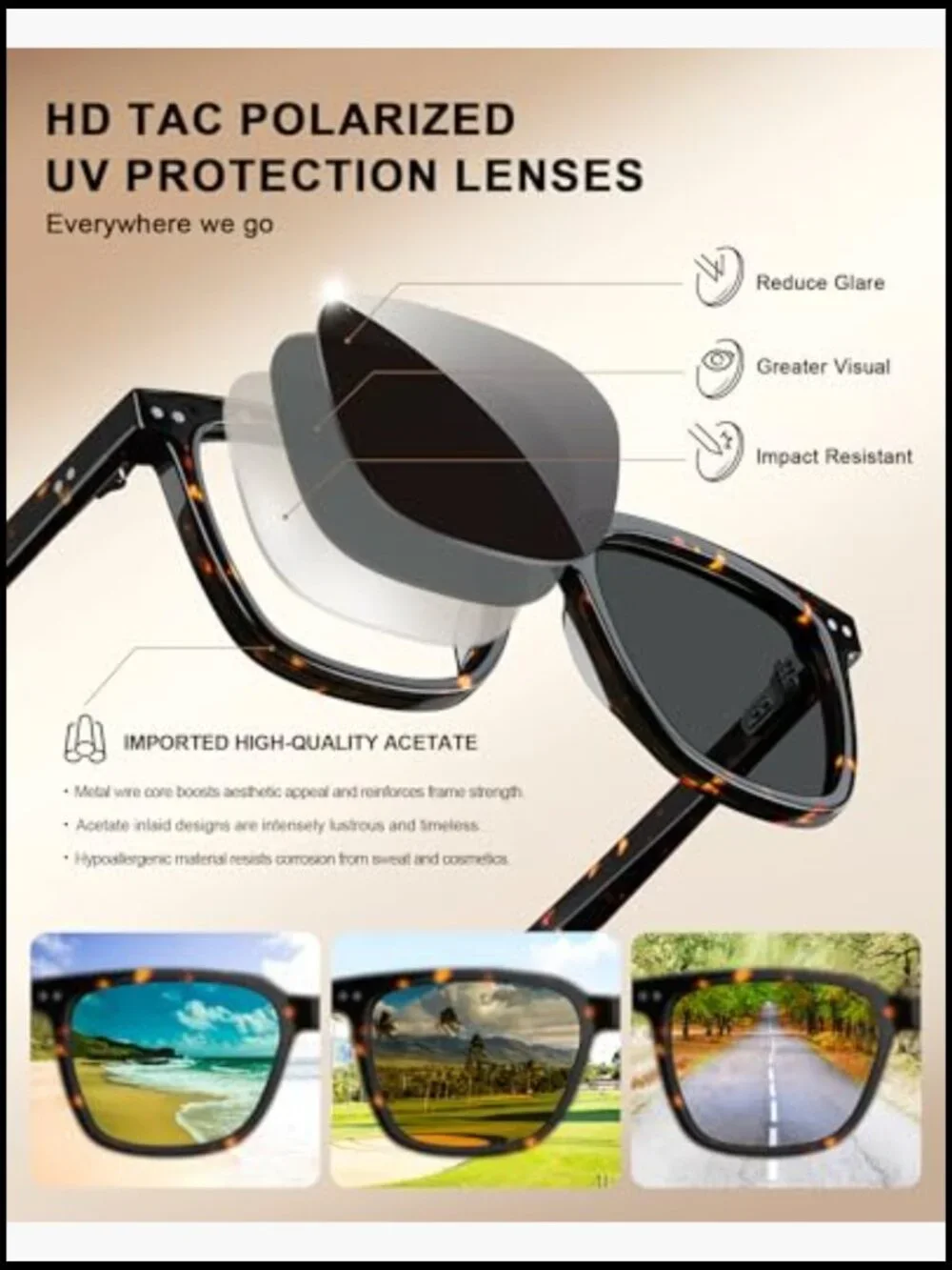 Retro Acetate Polarized Sunglasses UV Protection Square Driving